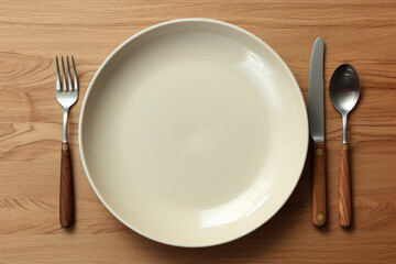 A plain ceramic plate and cutlery set, awaiting custom designs for a unique dining experience. Generative Ai.