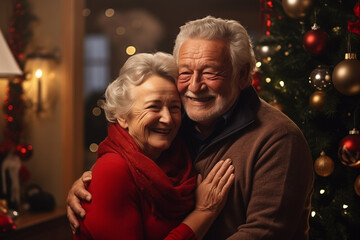 A delightful senior couple, full of joy and romance, stands together near the Christmas tree