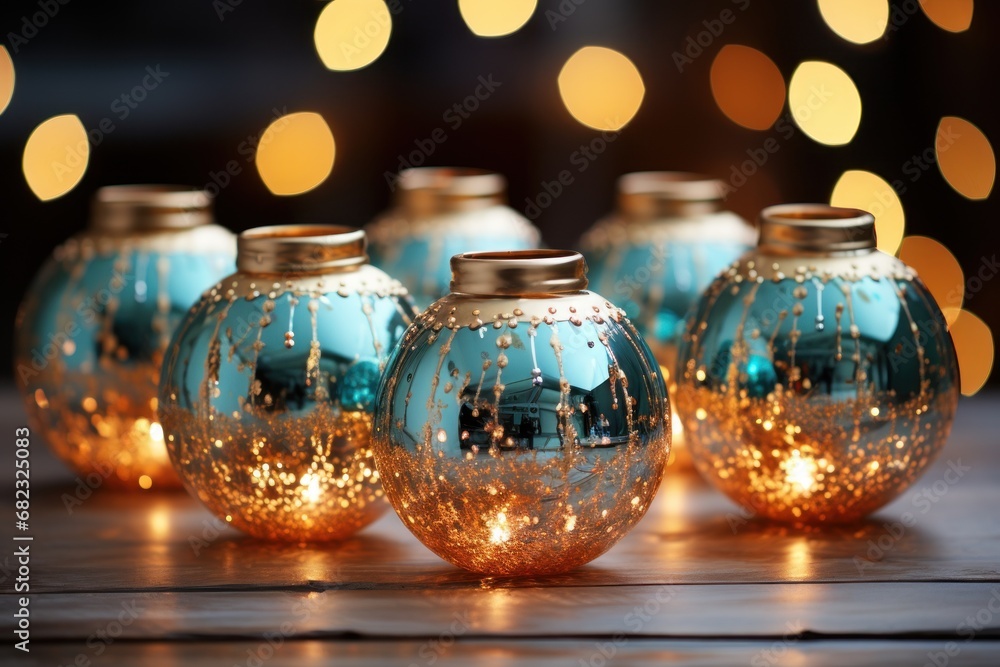 Poster a group of blue glass vases sitting on top of a wooden table next to a string of lights on a string 