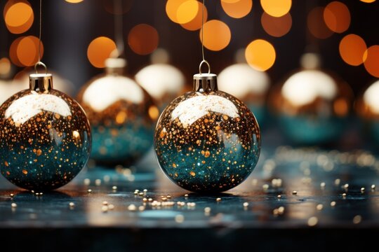  a group of blue and gold christmas ornaments on a table with a blurry boke of lights in the backround of the image and a black background.