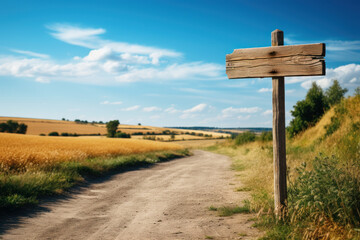 A blank wooden signpost on a rural road, symbolizing possibilities for custom directional signs. Generative Ai.