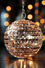 Obraz premium golden disco ball shines and glows. party and celebration in the club. lights and bokeh on the background.
