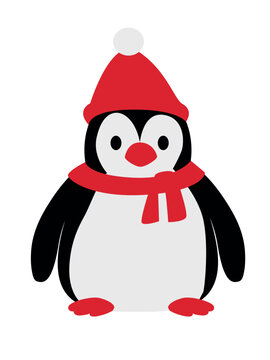 cute vector penguin with scarf and hat. flat illustration. winter. New Year. Christmas
