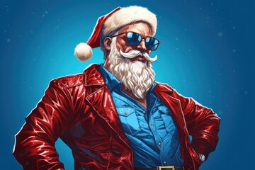  a painting of a man wearing a santa hat and sunglasses with his hands on his hips and his hands on his hips, wearing a red leather jacket and blue shirt.