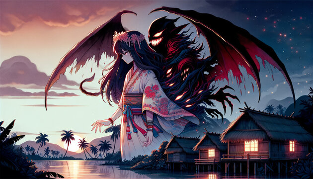The anime-style illustration of the Aswang, the Philippine shapeshifter, in a 16:9 ratio.