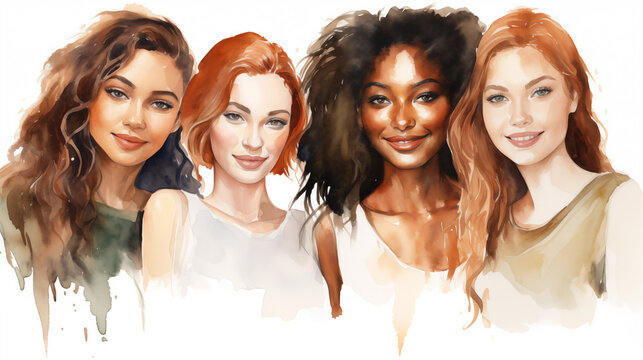 Watercolor portrait of four women, concept for woman's day