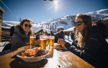 górska, zimowa biesiada znajomych przy piwie na świeżym powietrzu w słońcu - obrazy, fototapety, plakaty