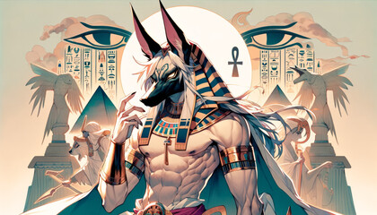 The anime-style illustration of Anubis, the Egyptian god with a jackal head, depicted in a setting with iconic Egyptian imagery.  - obrazy, fototapety, plakaty