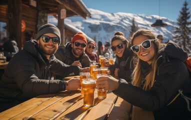 górska, zimowa biesiada znajomych przy piwie na świeżym powietrzu w słońcu - obrazy, fototapety, plakaty