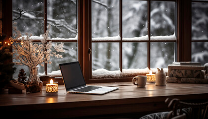 office by the window and snowing - obrazy, fototapety, plakaty