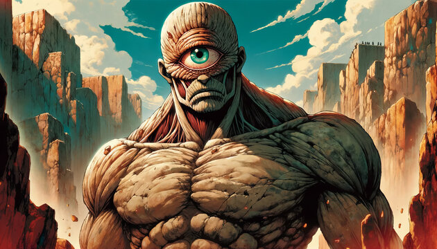 Anime-style illustration of a Cyclops, set in a mythical landscape with rocky terrain. 