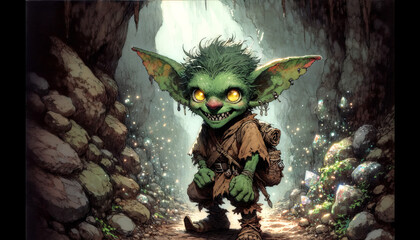 The anime-style depiction of a goblin, presented in a 16:9 ratio - obrazy, fototapety, plakaty