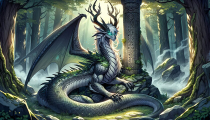 Anime-style illustration of Veles, the Slavic dragon, presented in a 16:9 ratio. - obrazy, fototapety, plakaty
