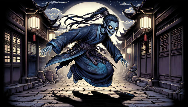 Anime-style illustration of a Jiangshi, the Chinese hopping vampire, presented in a 16:9 ratio.