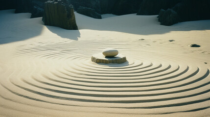 Fototapeta na wymiar A tranquil image of a Zen garden, with abstract patterns in the sand that induce a sense of peace and mindfulness.