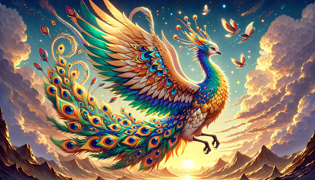 the anime-style rendering of the Simurgh, the Persian mythical creature, in a 16:9 ratio.