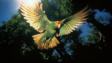 Abstract depiction of the Puerto Rican Amazon in flight, symbolizing the urgent need for the conservation of this critically endangered parrot.