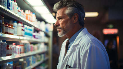 A pharmacist in a white coat stands in front of a full shelf of medicines