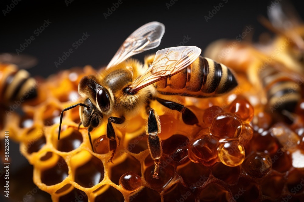 Poster a close up of a honeybee on a honeycomb with other honeybees on the other side of the honeycomb and 