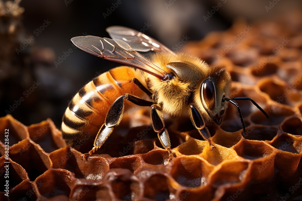 Poster a close up of a bee on a honeycomb with other honeybees in the background and one of the bees on the