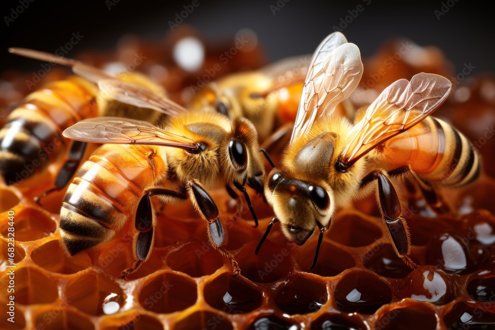 Poster a close up of two bees on a honeycomb with honey combs in the foreground and on the right side of th