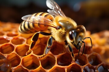  a close up of a bee on a honeycomb with honey combs in the foreground and a blurry background of honeybees in the foreground.
