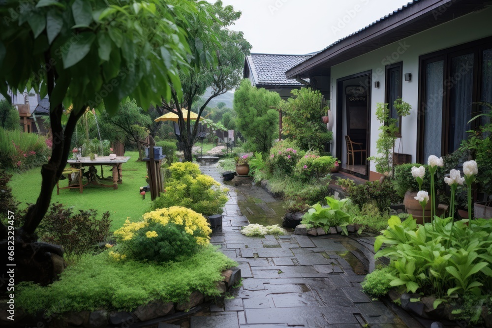 Poster a garden with a path leading to a house with a table and chairs in the middle of the yard and a tabl