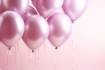 The wallpaper of many pink helium balloons flying on a gradient pink and yellow background with metallic glitter and bokeh lights in a party celebration. Generative AI.