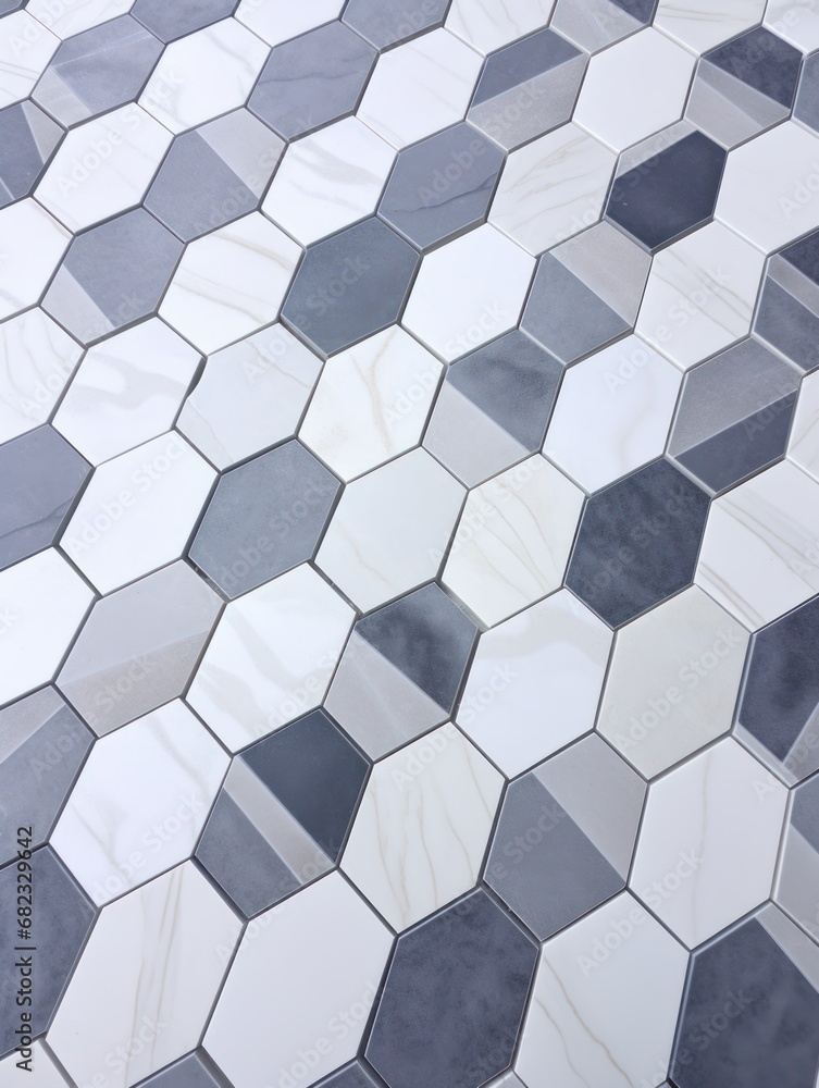 Poster a close up of a tiled floor with hexagonal tiles in grey, white and grey colors and a black and whit
