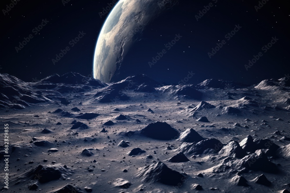 Poster a view of the moon from the surface of the surface of the moon, with a distant object in the distanc