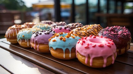  a row of doughnuts sitting on top of a wooden table covered in frosting and sprinkled with pink,...