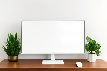 Copy space mockup template computer monitor with a white screen on a wooden table. Cozy minimalistic workplace at home , Generative AI.