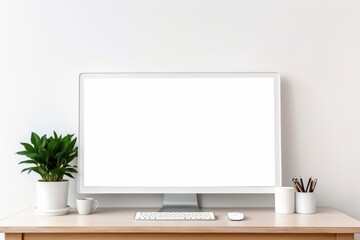 Copy space mockup template computer monitor with a white screen on a wooden table. Cozy minimalistic workplace at home , Generative AI.