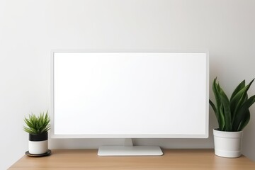 Copy space mockup template computer monitor with a white screen on a wooden table. Cozy minimalistic workplace at home , Generative AI.