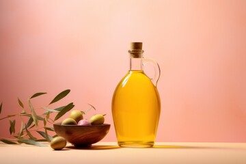  a bottle of olive oil next to a bowl of olives and a sprig of green olives on a pink background with a pink wall in the background.
