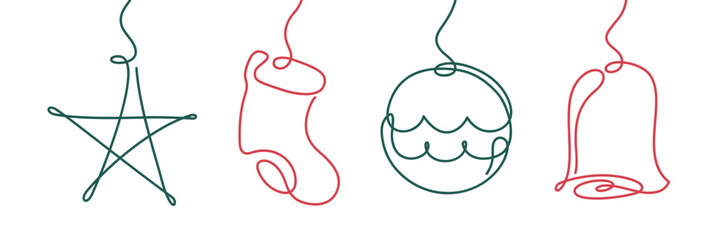 christmas one line art socks stars christmas tree decoration illustration vector clipart