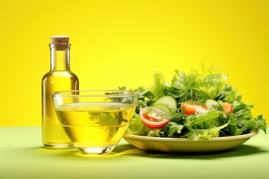  a bowl of lettuce next to a bottle of olive oil and a bowl of salad with tomatoes and cucumbers on a green surface with a yellow background.