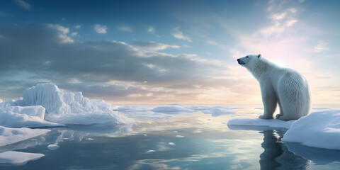 Risk of global warming, polar bear on melting ice - obrazy, fototapety, plakaty