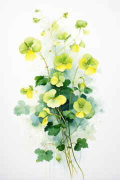 Delicate whispers of Creeping Jenny's bloom come to life in a watercolor dance on a pristine white background, capturing the subtlety of its blossoming grace.