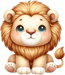 An adorable watercolor lion clipart perfectly isolated, with soft natural watercolor texture