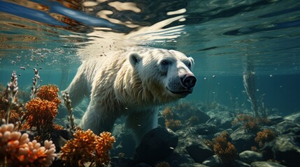  a large white polar bear swimming in a body of water with corals on the bottom and bottom of the water and under the water surface, under the water surface. - obrazy, fototapety, plakaty