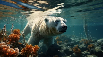 Foto op Aluminium  a large white polar bear swimming in a body of water with corals on the bottom and bottom of the water and under the water surface, under the water surface. © Nadia