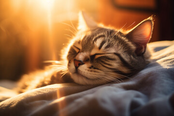 The close up portrait of a fluffy fur cat pet is lying on a comfort pillow bed at home with warm sunlight lazily. Generative AI.