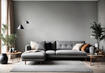 The living room has an elegant and comfortable Scandinavian design with a pastel aesthetic corner sofa, wooden table