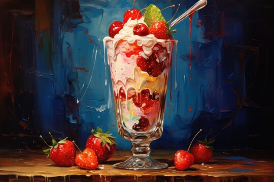  a painting of a yogurt sundae with strawberries on a table with a spoon in it and a group of strawberries on the table next to it.