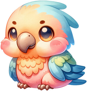 An adorable watercolor parrot clipart perfectly isolated, with soft natural watercolor texture