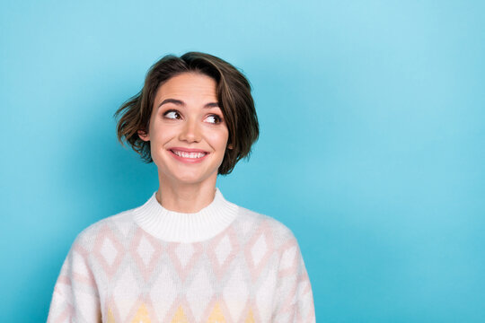 Photo of wearing jumper winter style charming cute lady bob brown hair looking empty space santa claus isolated on blue color background