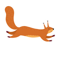 Fototapeta premium Cute squirrel isolated on white background. Jumping forest character in cartoon style for kids design. Orange woodland animal. Vector illustration