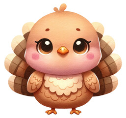 An adorable watercolor turkey clipart perfectly isolated, with soft natural watercolor texture