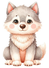 An adorable watercolor wolf clipart perfectly isolated, with soft natural watercolor texture